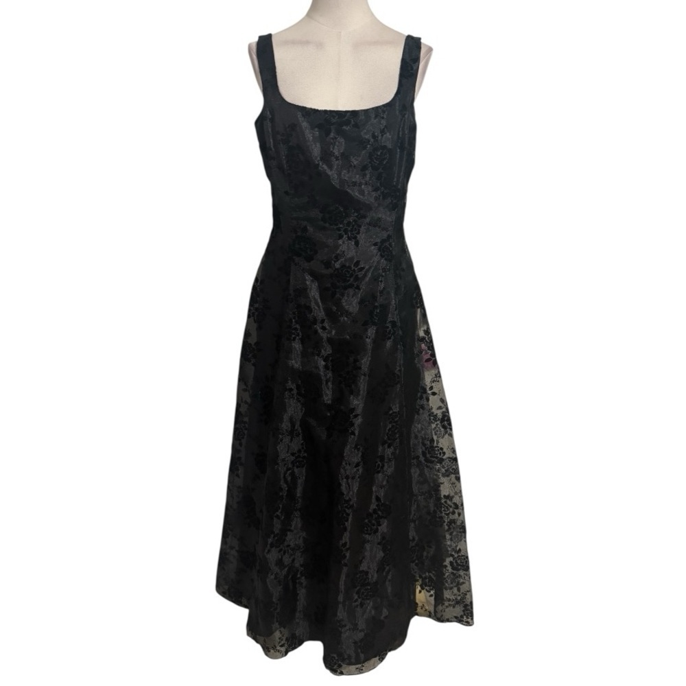 GUNNE SAX Jessica McClintock Black Floral Maxi Dress Sz 11 Vintage Party Costume